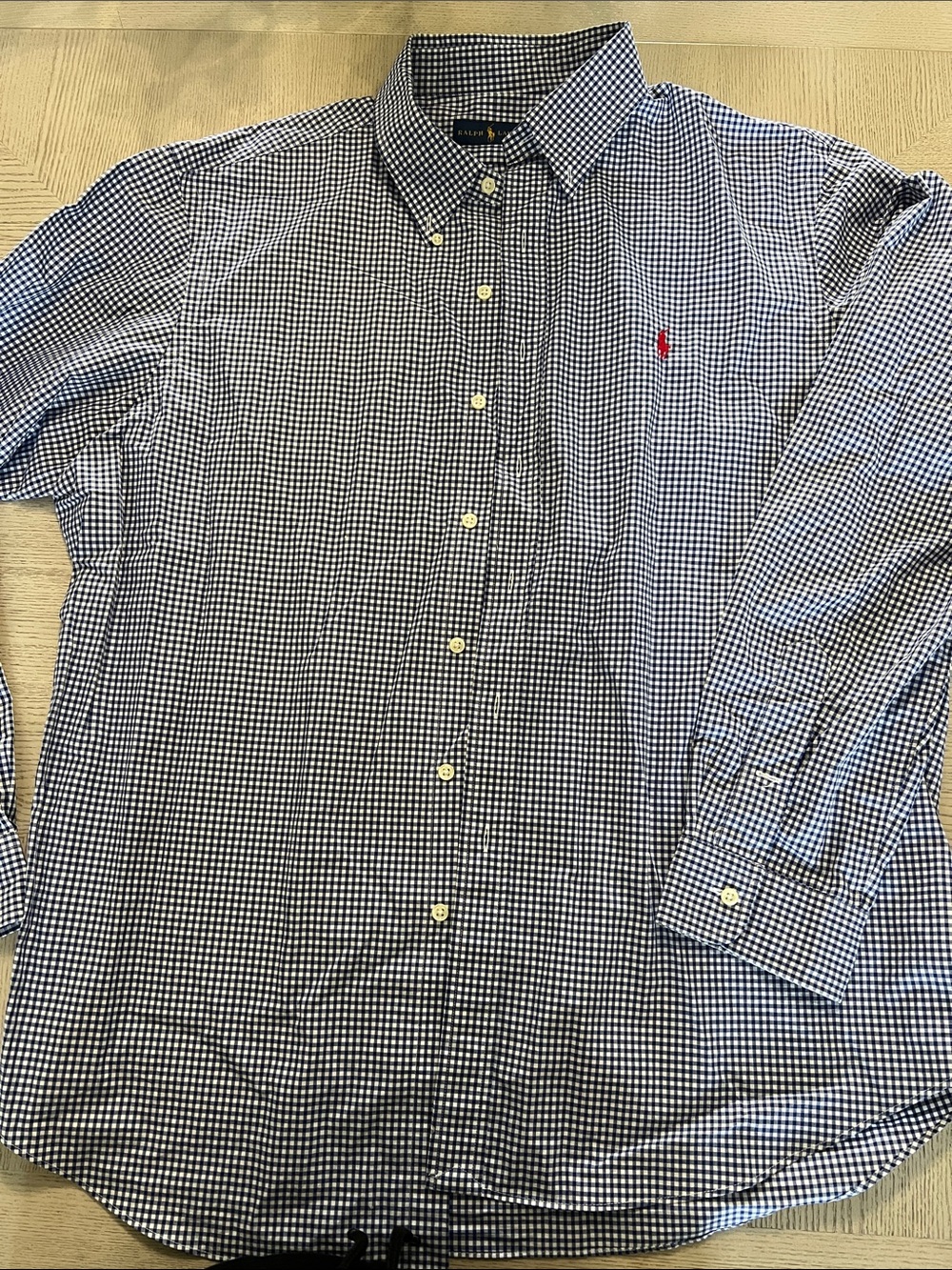 Ralph Lauren Blue Gingham Button-Down Shirt with Red Pony